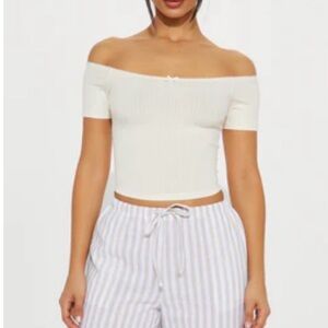 Off-Shoulder White Ribbed Top